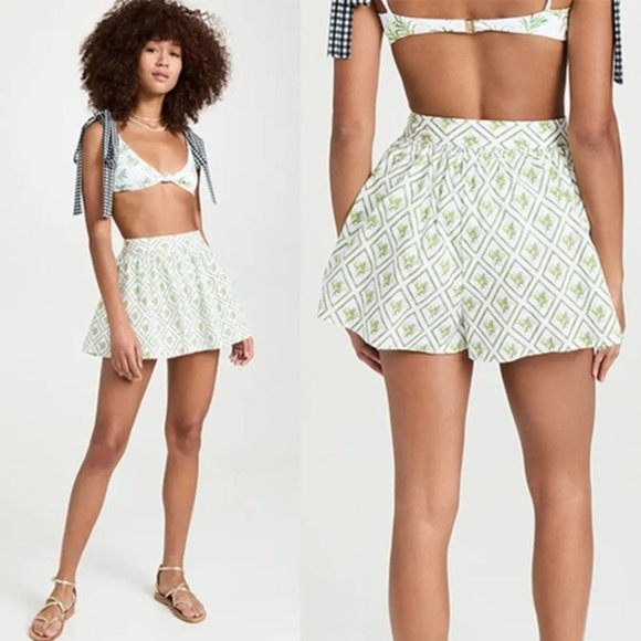 NWT Caroline Constas Tegan Green Palm Print Poplin Flare Casual Shorts - Picture 1 of 10